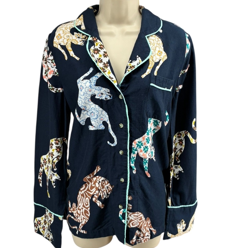 Anthropologie Tiger Print Pajama Shirt Navy Button‎ Front Piped Lounge Top S